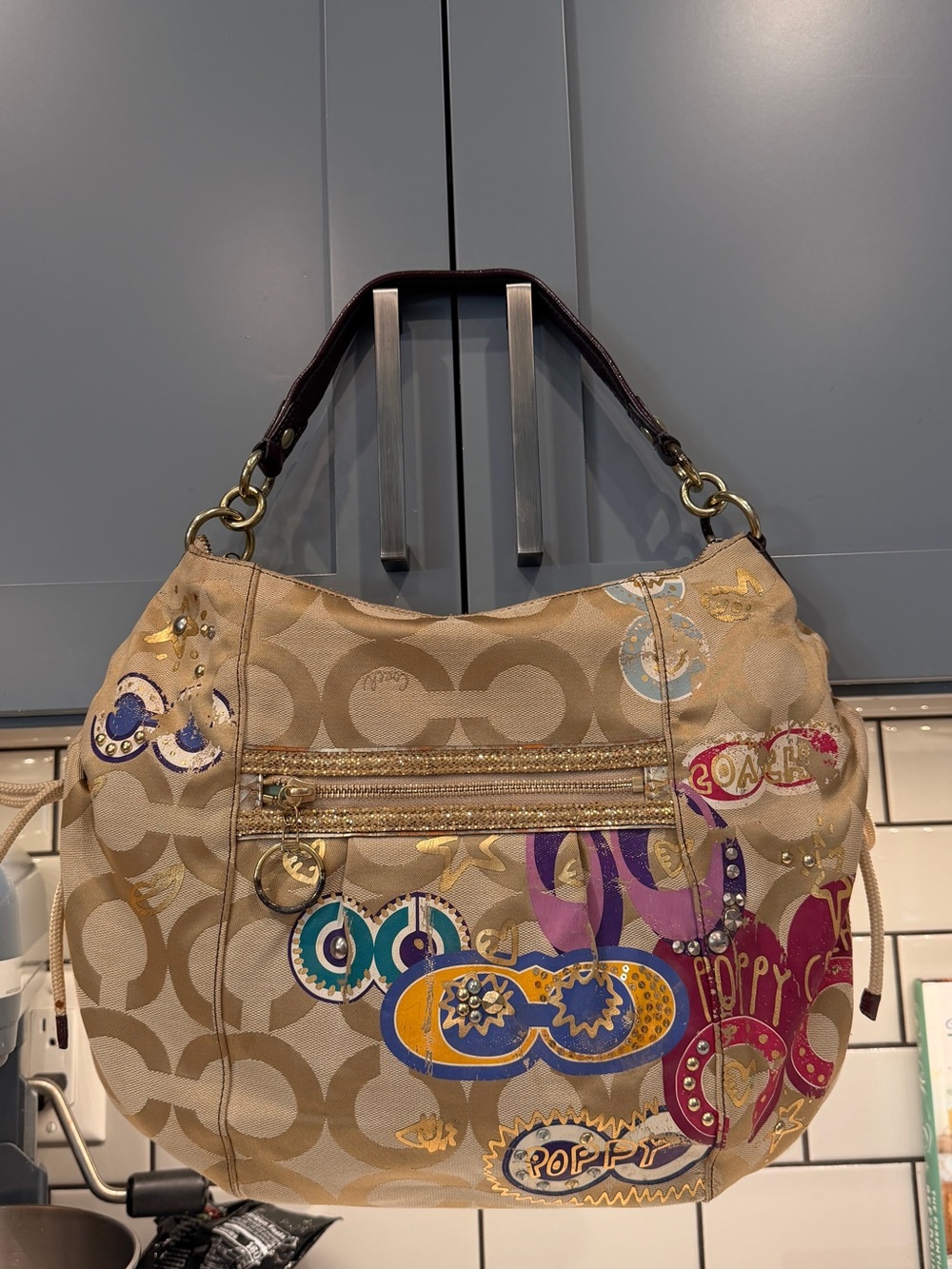 Coach Beige/Tan Signature Hobo Shoulder Bag with Colorful Graphic Accents